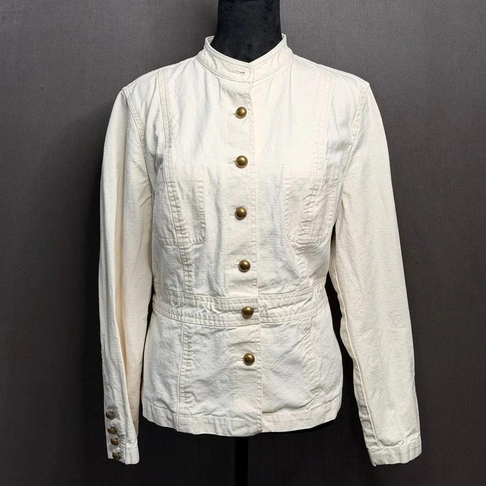 VTG Liz Claiborne Jacket Women L Petite Cream Cotton Military Utility Button Up